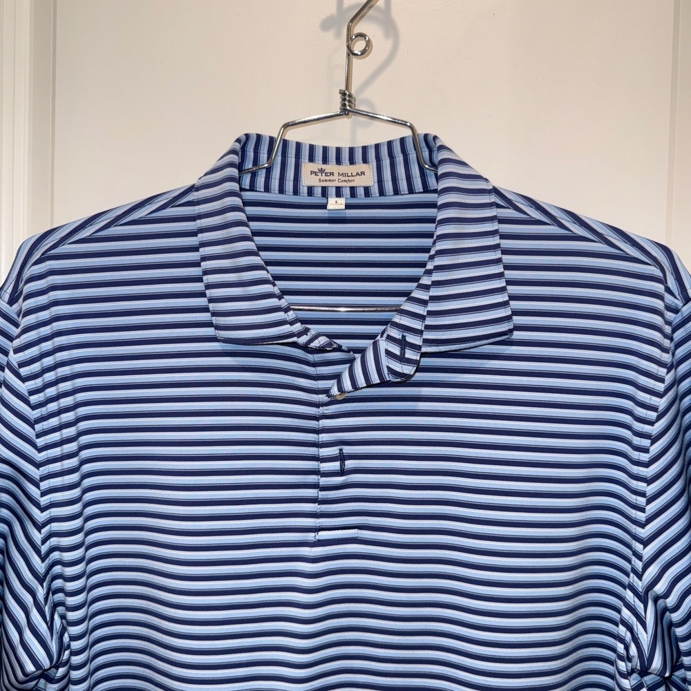 Peter Millar Summer Comfort Men's L Belle Meade CC BMCC Golf Polo Blue Stripe